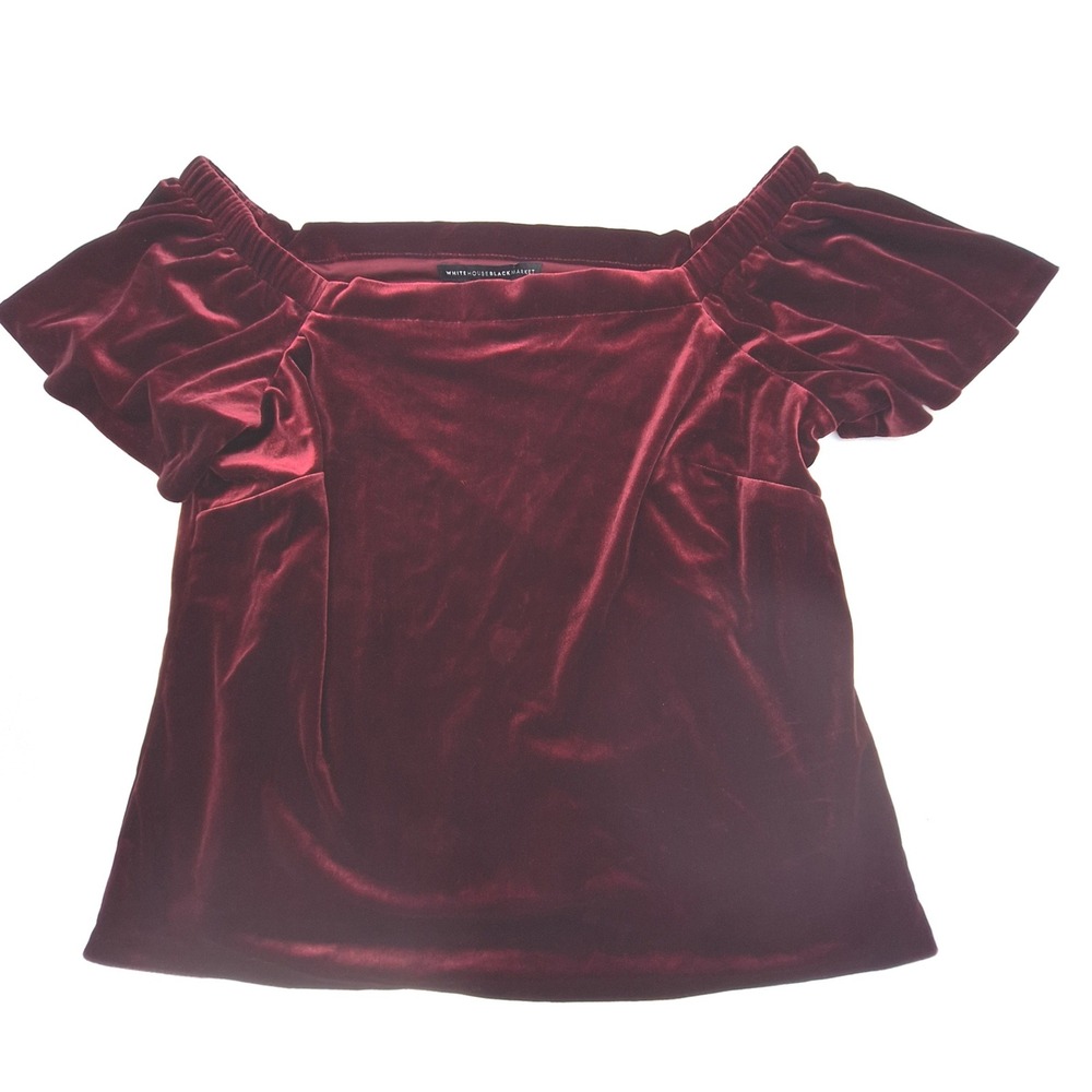 White House Black Market Top Womens Medium Burgundy Velvet Off Shoulder Flutter